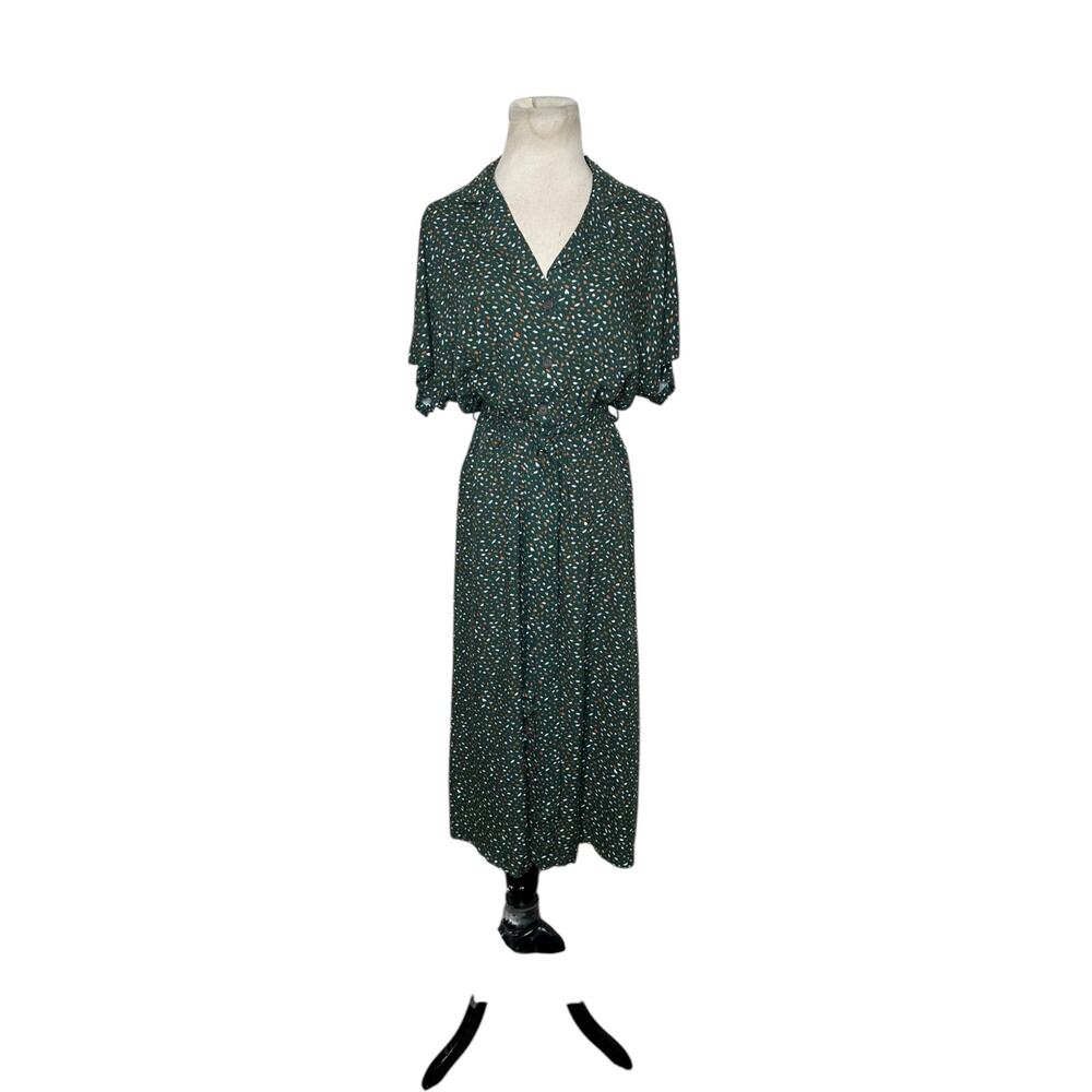 All in Favor green printed short sleeves belted shirt midi dress size S